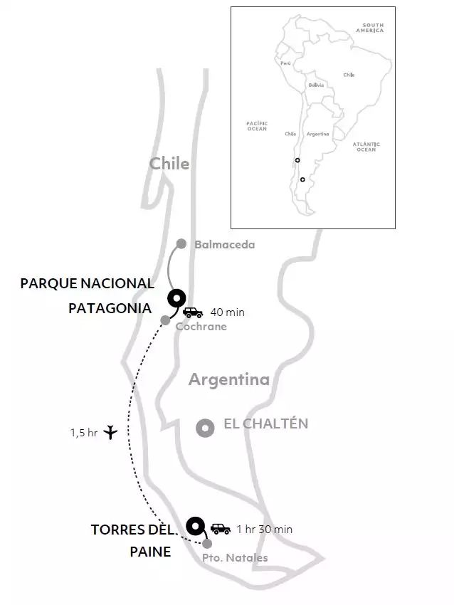 Route map of Discover Chilean Patagonia Explora Connects itinerary linking Torres del Paine with Patagonia National Park.