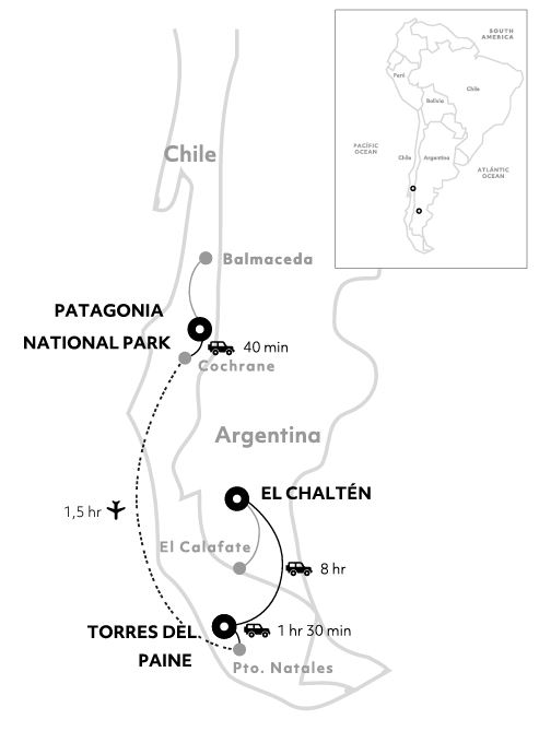Route map of Discover Patagonia In Depth Explora Connects itinerary linking Torres del Paine with Patagonia National Park and El Chaltén, Argentina.