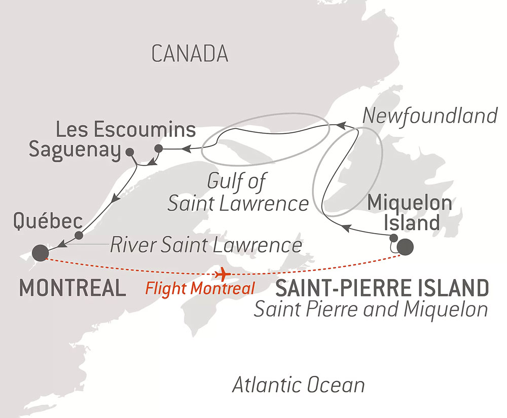 Route map of Expedition along Saint Lawrence cruise, round-trip from Montreal, Canada with a flight to embark Miquelon Island & visits to Newfoundland, Les Escoumins, Saguenay & Quebec.