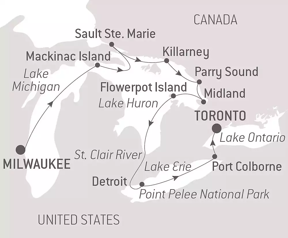 Route map of Expedition in the Heart of the American Great Lakes cruise from Milwaukee, Wisconsin, to Toronto, Canada.
