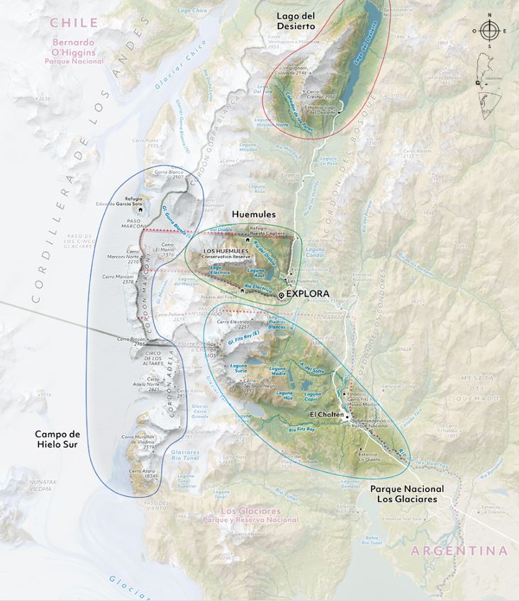 Route map of Explora El Chaltén Argentinean Patagonia adventure, showing lodge location & 4 exploration zones: Southern Ice Fields, Los Glaciares National Park, Los Huemules Conservation Reserve & Desert Lake.