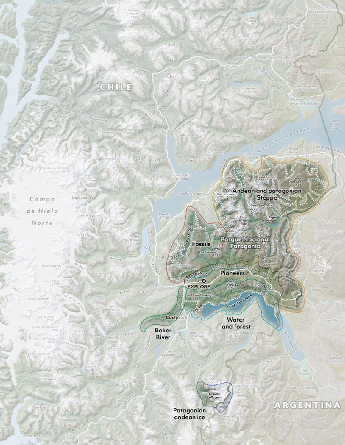 Route map of Explora Patagonia National Park showing where the lodge sits in northern Chilean Patagonia, with 5 exploration zones: Andean & Patagonian Steppe, Water & Forest, Fossils, Pioneers & Baker River.