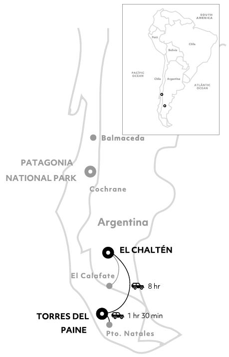 Route map of Explore Patagonia Without Borders Explora Connects itinerary linking Torres del Paine with El Chaltén, Argentina.