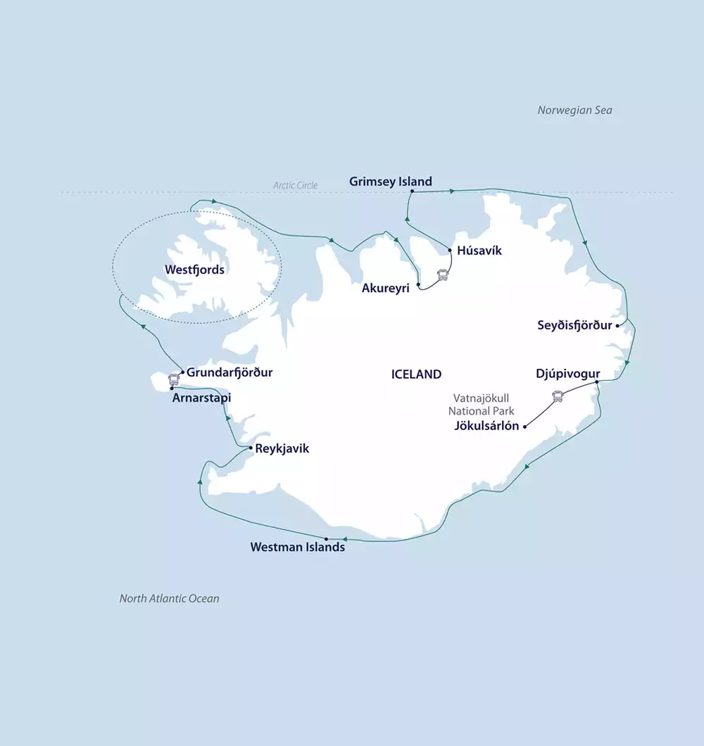 A map showing the entirely of Iceland with the path of the Iceland circumnavigation cruise shown sailing along the coastline.