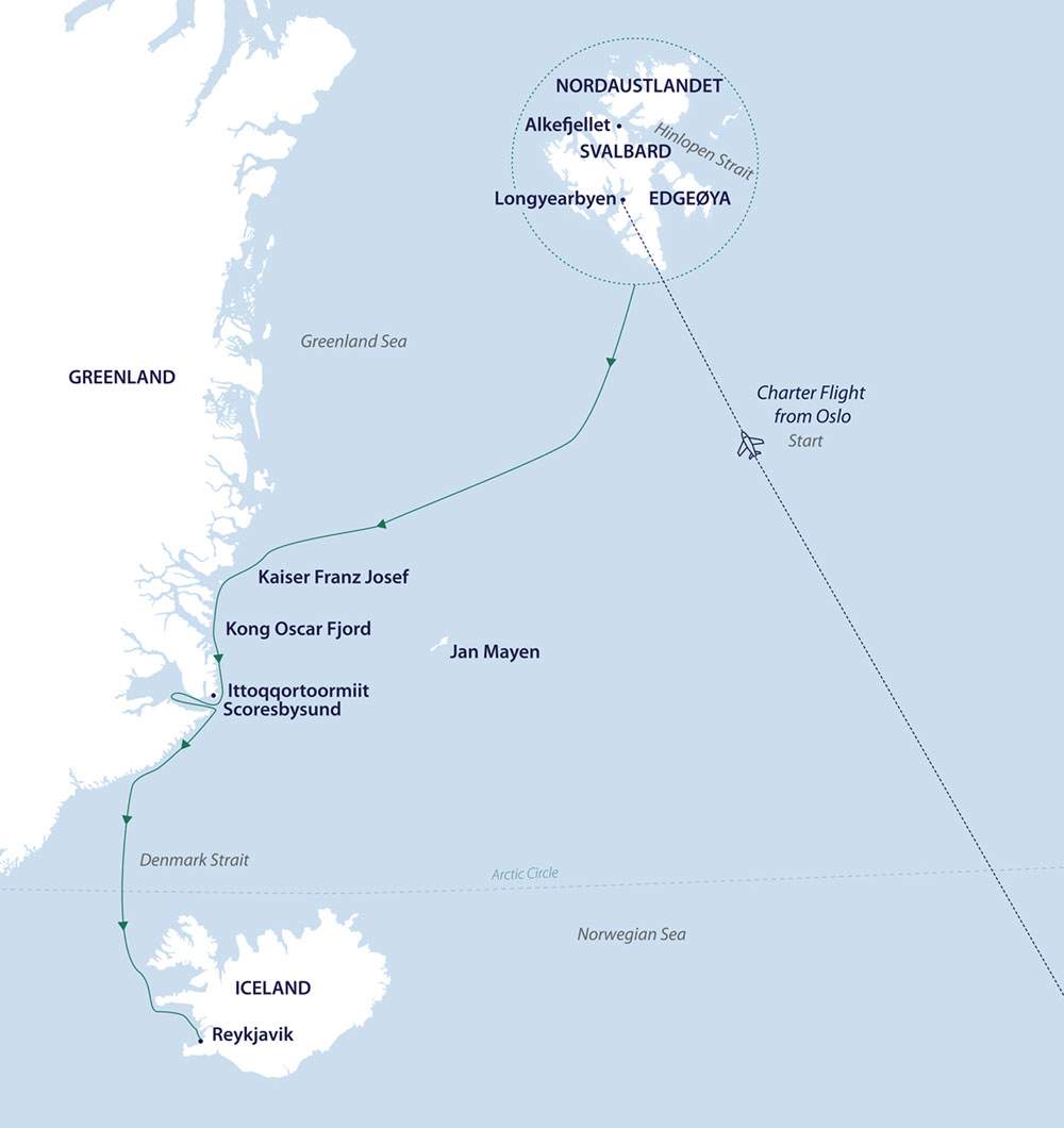 A route map showing the Jewels of the Arctic itinerary from Oslo, Norway by air to Svalbard for embarkation & sailing to Iceland by way of Greenland's East Coast & Scoresbysund.