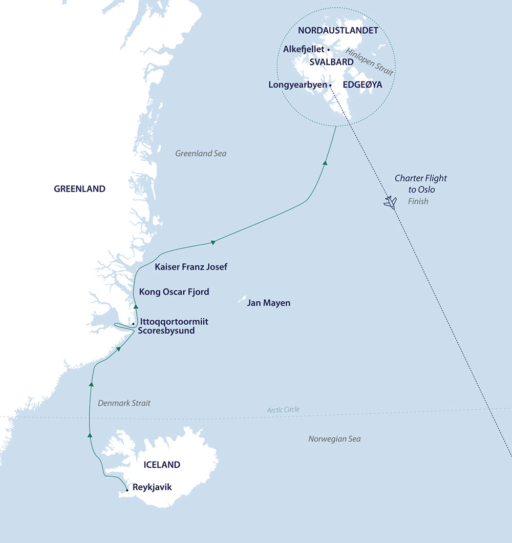 A route map showing the northbound Jewels of the Arctic itinerary sailing from Reykjavik, Iceland to Svalbard by way of Greenland's east Coast & Scoresbysund, ending with a flight to Oslo, Norway.
