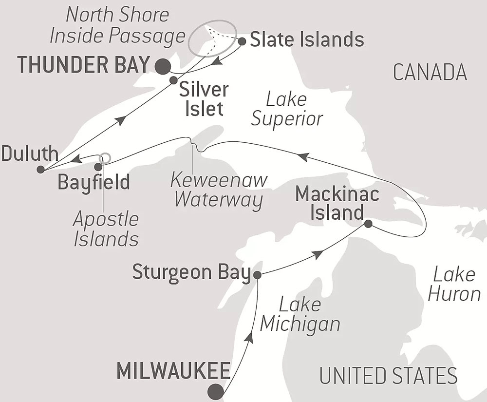 Route map of Lake Superior-a Life-Sized Expedition cruise from Milwaukee, Wisconsin, to Thunder Bay, Canada.
