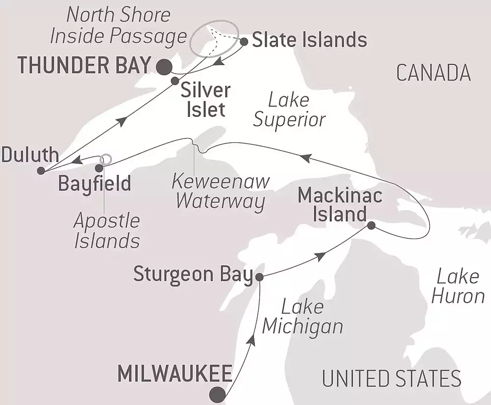 Route map of Lake Superior-a Life-Sized Expedition cruise from Milwaukee, Wisconsin, to Thunder Bay, Canada.