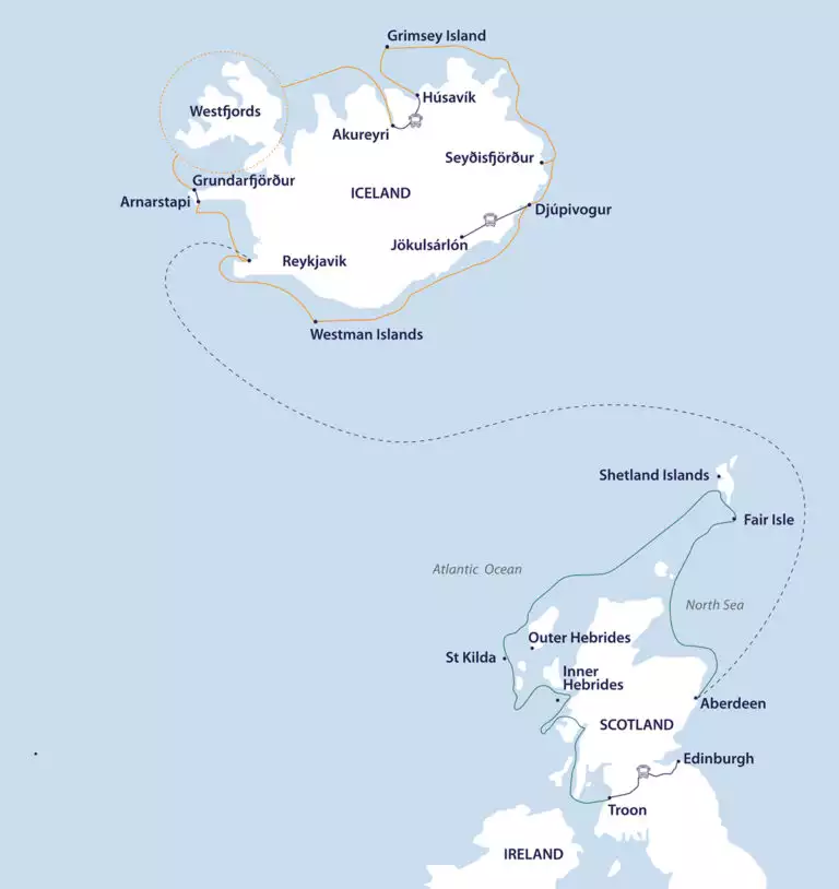 Route map of Northern Isles: Scotland & Iceland cruise from Edinburgh to Reykjavik by way of Orkney & Shetland Islands & a circumnavigation of Iceland.