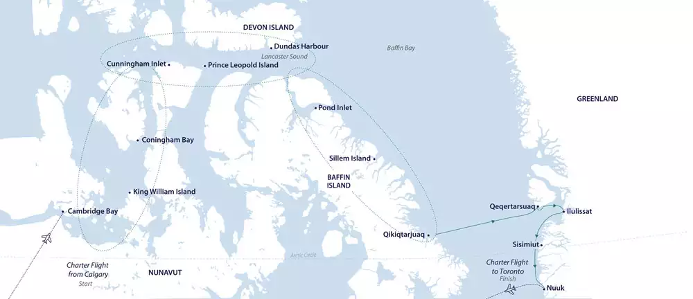 White & blue map showing the path of the eastbound Northwest Passage expedition from Calgary to Toronto.