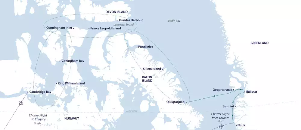 White & blue map showing the westbound path of the Northwest Passage expedition from Toronto to Calgary.