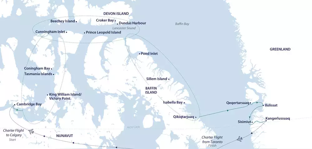 A white and blue colored map showing the path of the eastbound Northwest Passage expedition from Calgary to Toronto