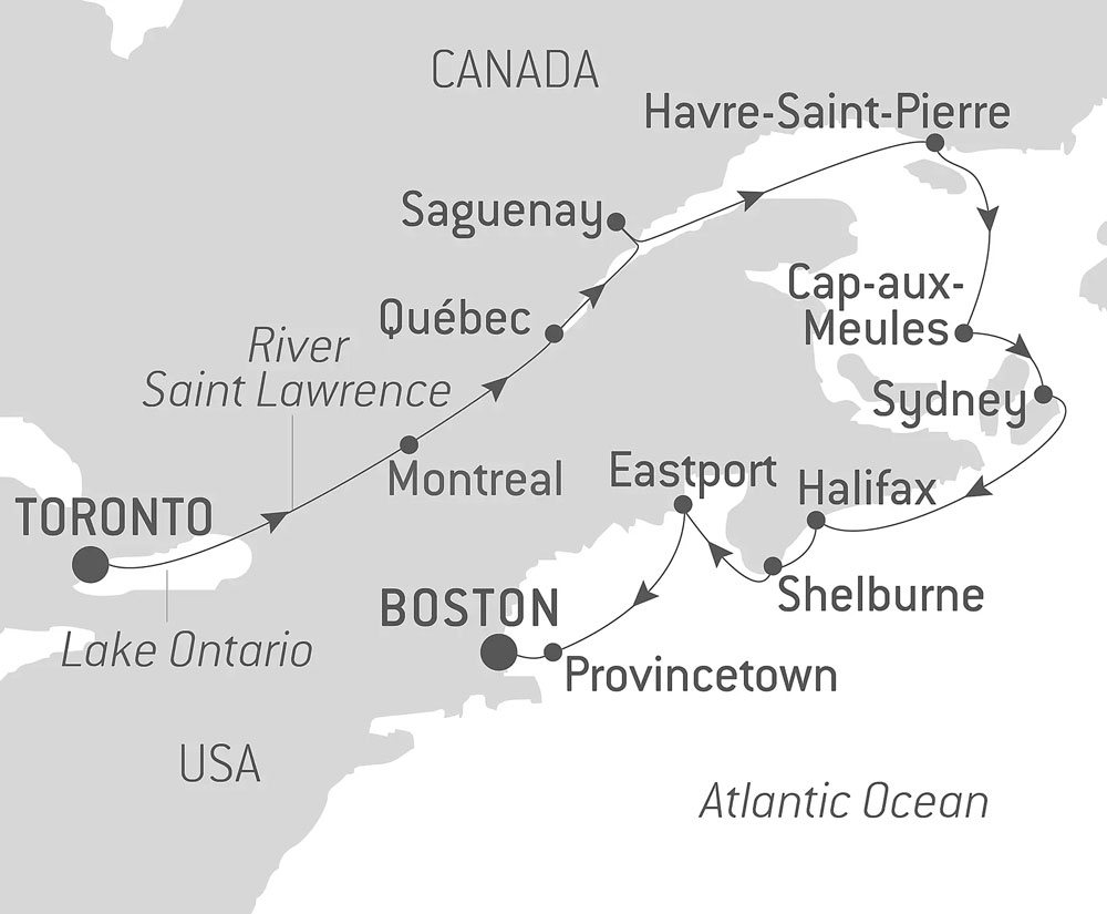 Route map of From Canada to The American East Coast St. Lawrence River cruise, from Toronto to Boston, Massachusetts.