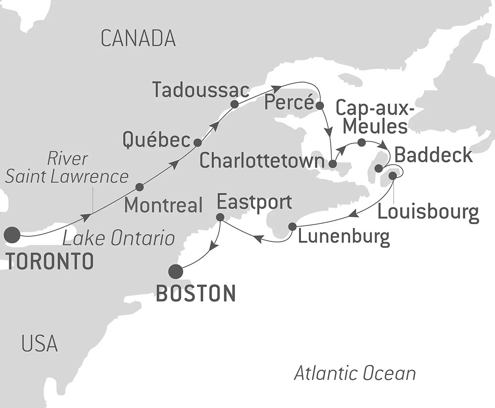 Route map of Symphony on the St. Lawrence: From Québec to the Canadian Maritimes – with Smithsonian Journeys cruise, from Toronto to Boston, Massachusetts.