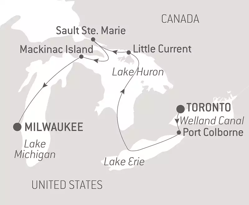 Route map of westbound Great Lakes of North America cruise from Toronto, Canada, to Milwaukee, Wisconsin.