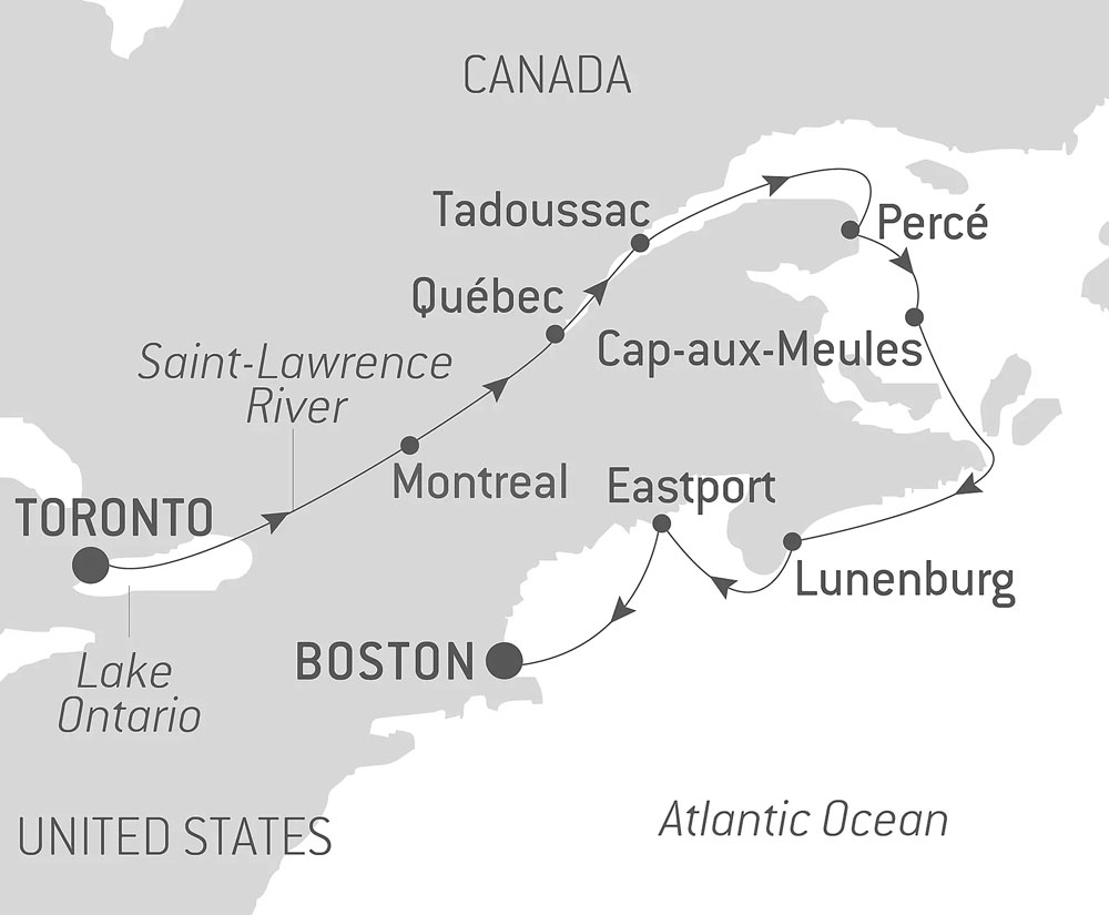 Route map of Voyage Along the St. Lawrence: From Québec to the Canadian Maritimes – with Smithsonian Journeys cruise, from Toronto to Boston, Massachusetts.