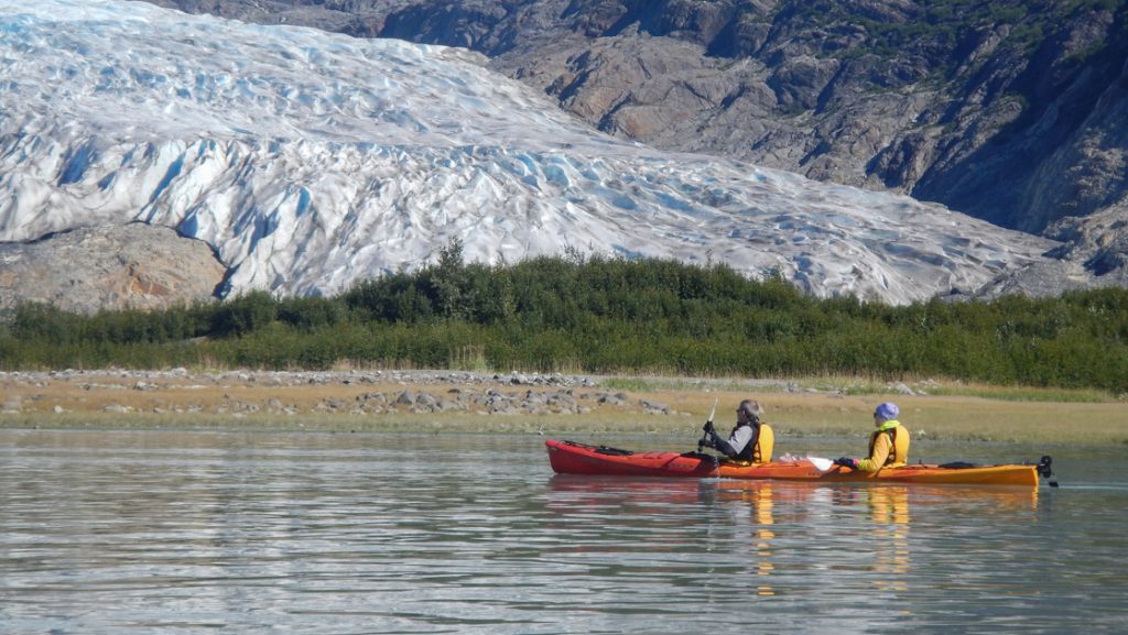 Tandem kayakers paddle calm water beside a large glacier on the Glacier Bay National Park, Haines & Pelican cruise.