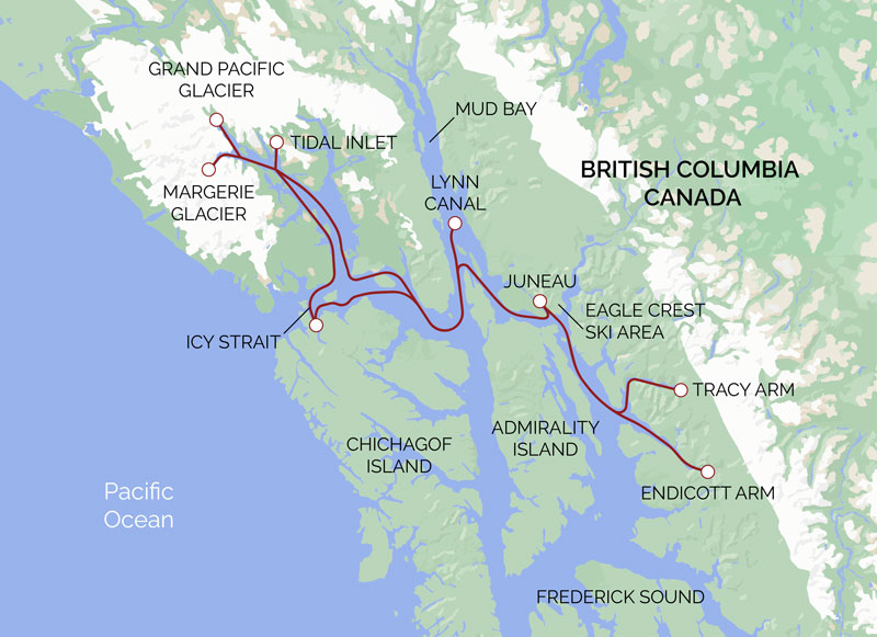 Route map of Alaska's Winter Sports & Northern Lights small ship cruise, operating round-trip from Juneau with visits to Glacier Bay National Park, Icy Strait, Lynn Canal, Endicott & Tracy Arm & Eagle Crest Ski Area.
