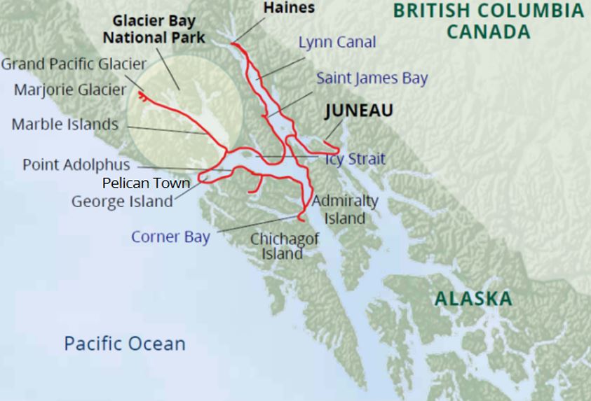 Route map of Glacier Bay National Park, Haines & Pelican cruise operating round-trip from Juneau, Alaska, with visits to Chichagof Island, Admiralty Island & various sites along the Inside Passage.