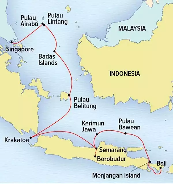 Route map of National Geographic Singapore to Bali: Jungles, Atolls & Wildlife cruise.