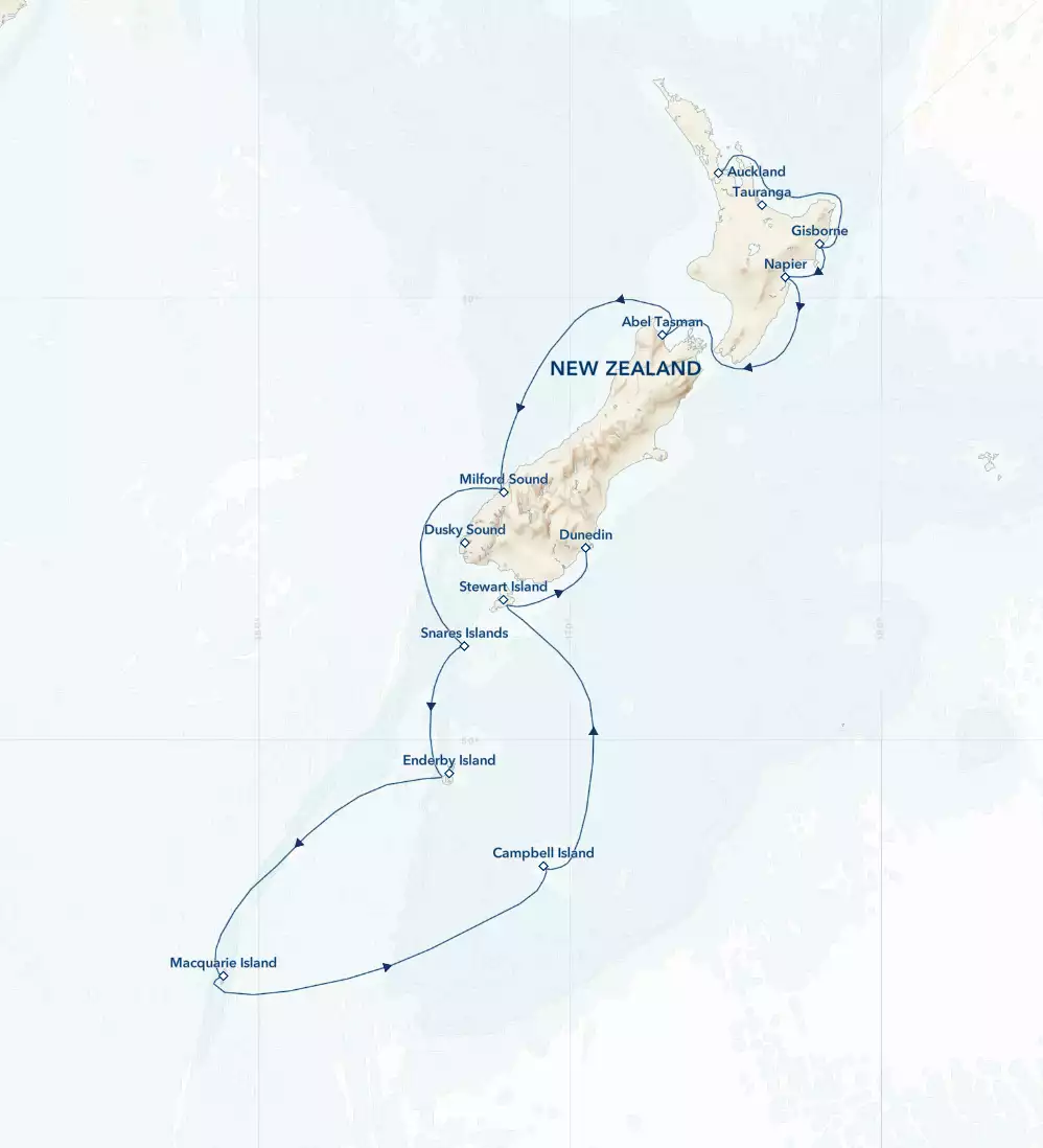 Route map of southbound National Geographic New Zealand & Sub-Antarctic Islands cruise, operating between Auckland & Dunedin, along the West coast.