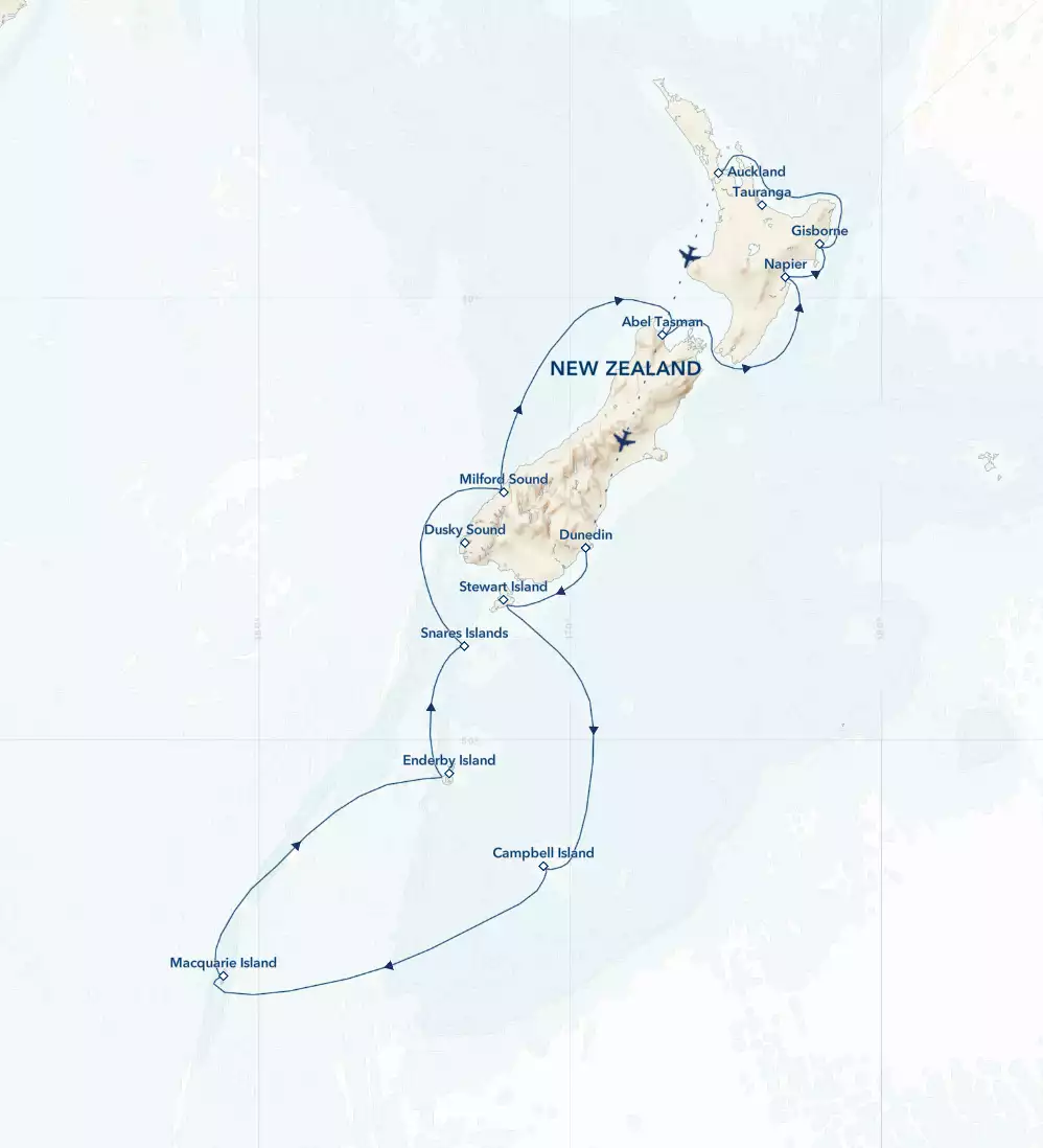 Route map of northbound National Geographic New Zealand & Sub-Antarctic Islands cruise, operating between Auckland & Dunedin, along the West coast.