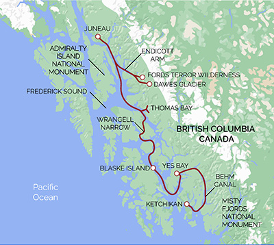 UnCruise Alaska reviews itinerary Fjords and Glaciers route map from Ketchikan to Juneau. 
