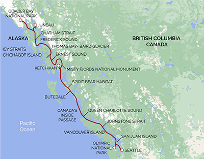 UnCruise reviews Inside Passage itinerary route map from Seattle to Juneau. 