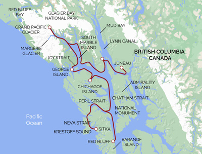 Map of southeast Alaska with red line designating UnCruise itinerary route exploring between Juneau to Sitka and into Glacier Bay national park. 