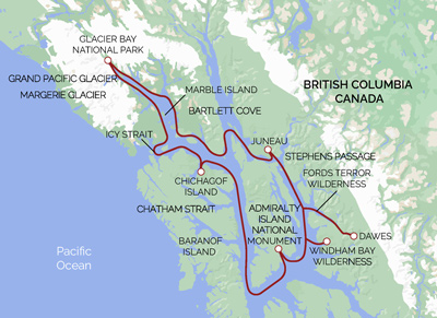 UnCruise reviews Alaska Glacier country inside passage itinerary route map that operates round trip Juneau, 
