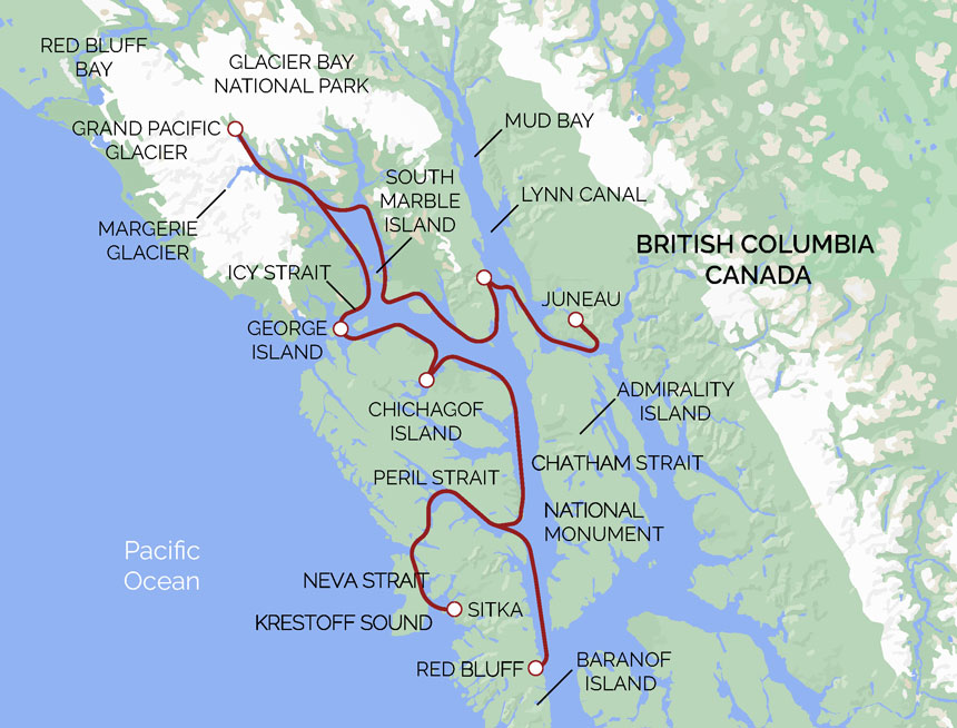 A red line on a green and blue map of Southeast Alaska showing the route of the Northern Passages and Glacier Bay cruise between Sitka and Juneau
