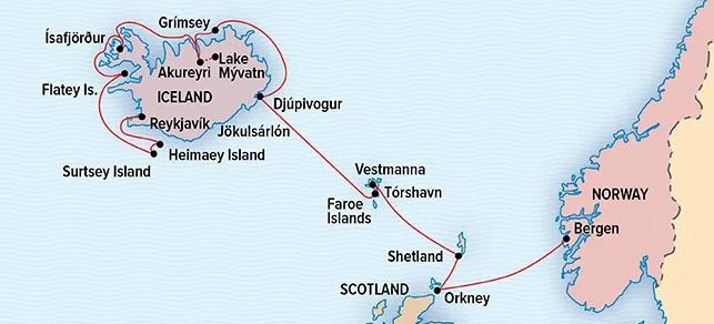 A Faroe Islands cruise map showing the expedition's route in a red line from Bergen Norway to Reykjavik Iceland, with the Faroes and Orkneys in the middle of the path.
