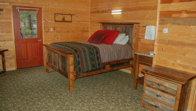 Interior of guest cabin at Kenai Fjords Wilderness Lodge, with rustic wood walls & furniture, bear-print bedding & green rug.