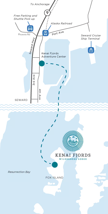 Map showing Seward, Alaska's pick-up spot & boat route to the Kenai Fjords Wilderness Lodge on Fox Island in Resurrection Bay.