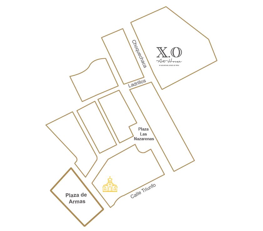 Simple map showing location of XO Art House Cusco, near to PLaza de Armas & Plaza Las Nazarenas.