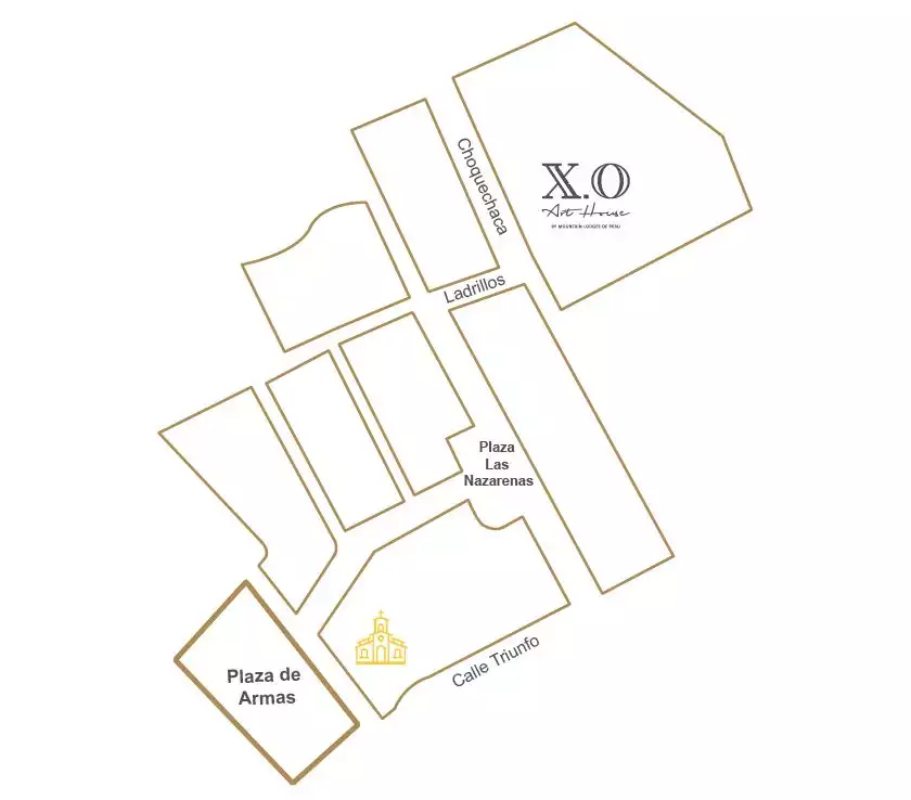 Simple map showing location of XO Art House Cusco, near to PLaza de Armas & Plaza Las Nazarenas.