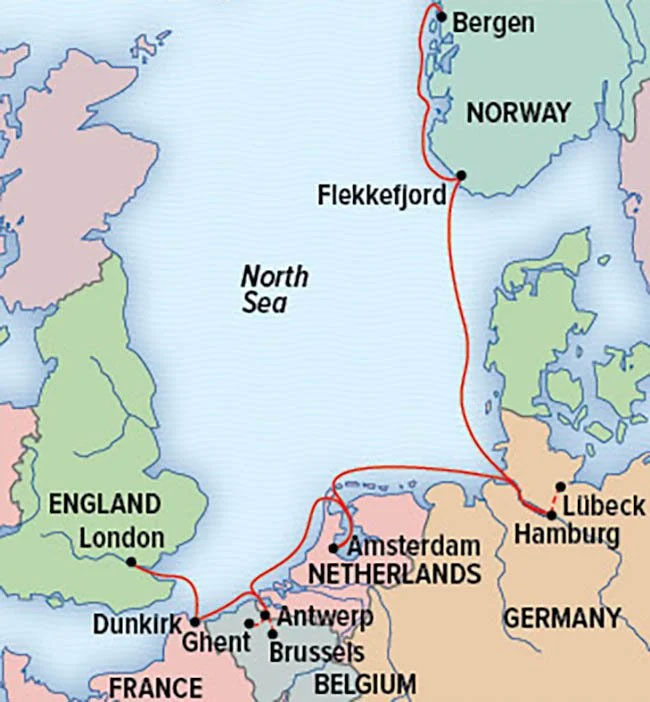 Route map of Coastal Powers of The North Sea: Medieval Capitals & Vibrant Cultures cruise from Bergen, Norway to London, England with visits to Germany, The Netherlands, Belgium & France.