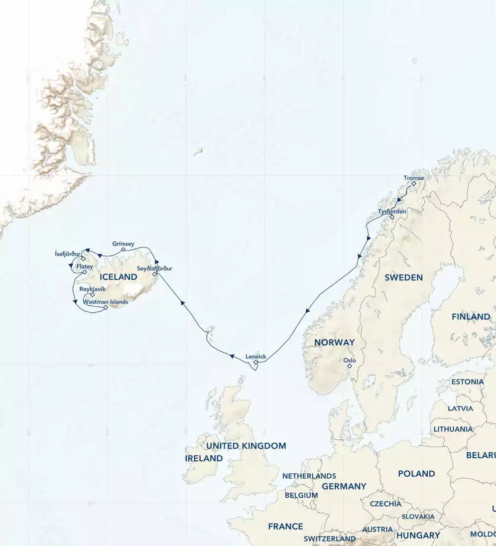Route map of Coastal Wonders of Norway, The Faroe Islands & Iceland cruise from Tromso, Norway, to Reykjavik, Iceland.