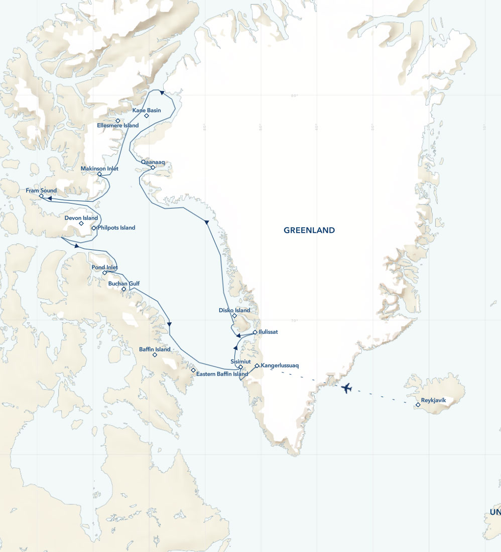 Route map of Gateway to The Northwest Passage: Greenland & Canada cruise, cruising Baffin Bay round-trip from Kangerlussuaq, Greenland with bookend charter flights to start & end in Reykjavik, Iceland.