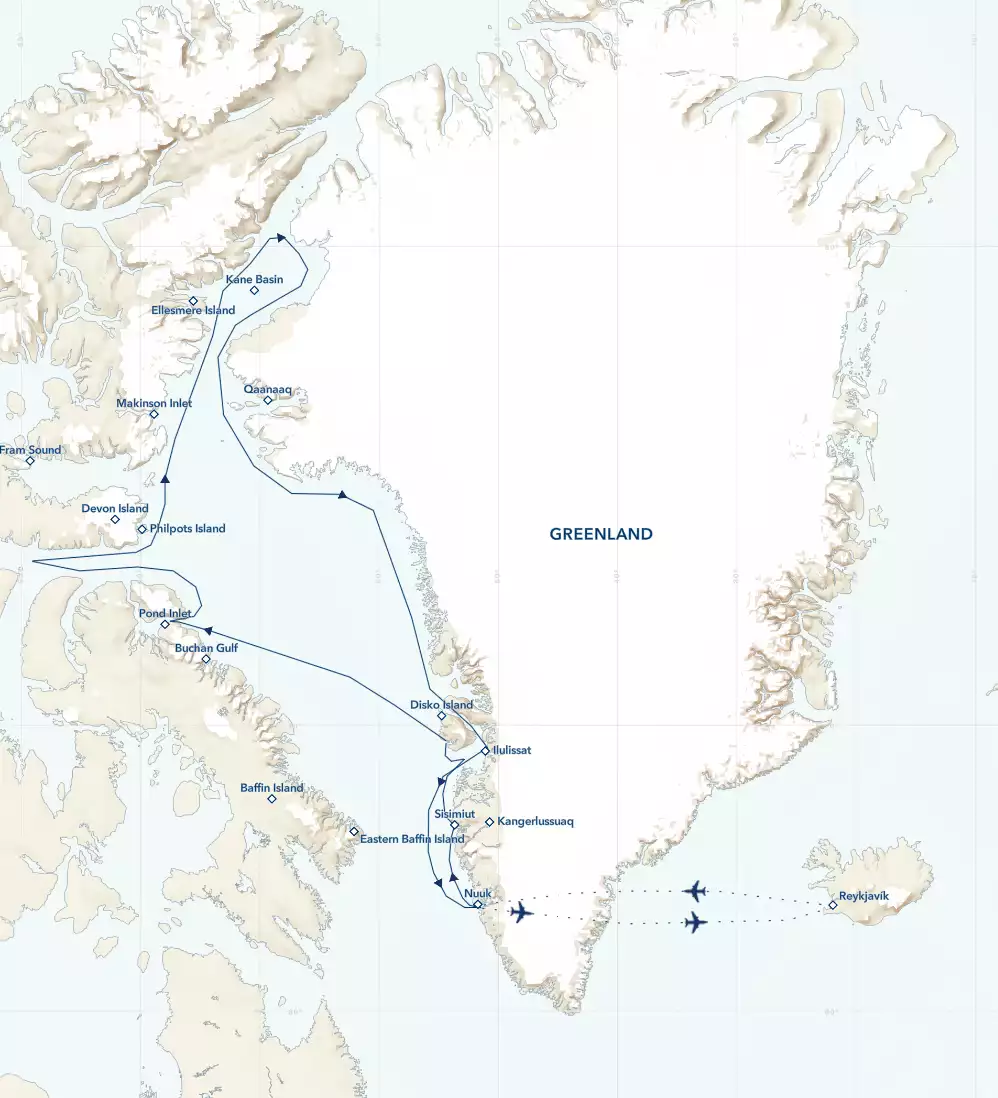 Route map of High Arctic Archipelago: Greenland & Canada cruise, cruising Baffin Bay round-trip from Nuuk, Greenland with bookend charter flights to start & end in Reykjavik, Iceland.