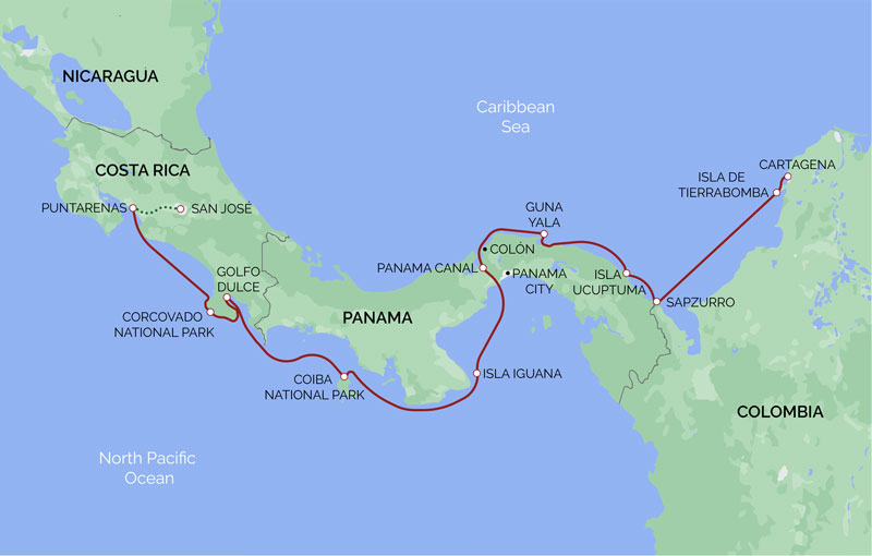 Route map of Latin American Sojourn: Costa Rica, Panama & Cartagena Cruise, with a transit through the Panama Canal.