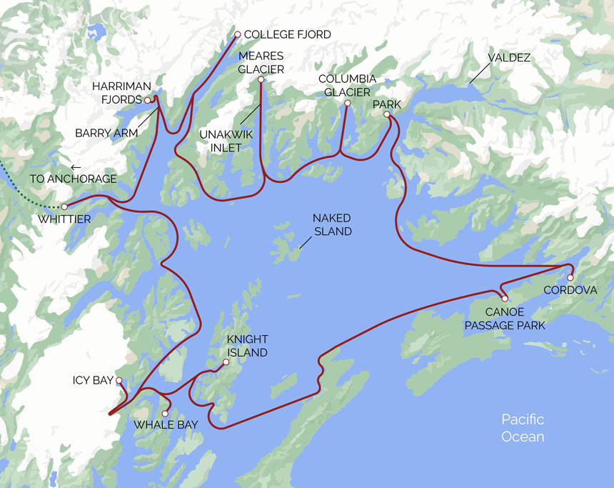 Route map of Prince William Sound Explorer cruise operating round-trip from Anchorage, Alaska, with embarkation and disembarkation in Whittier.