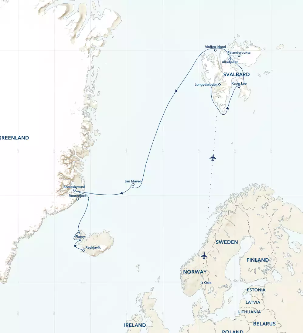 Route map of Svalbard, Iceland & Greenland's East Coast cruise, from Oslo, Norway, to Reykjavik, Iceland, with visits to Svalbard, Jan Mayen & eastern Greenland.