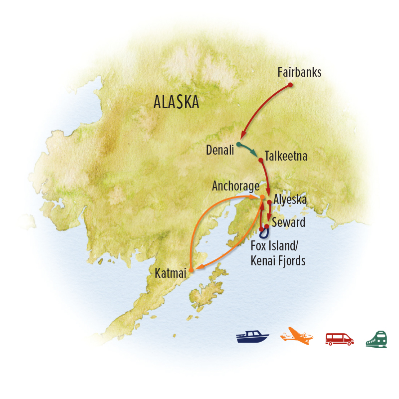 Route map of Ultimate Alaska Wildlife Safari, round-trip from Anchorage with visits to Katmai, Kenai Fjords, Seward, Alyeska, Talkeetna, Denali & Fairbanks.
