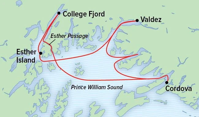 Route map of Wild Alaska Escape: The Glaciers of Prince William Sound cruise, operating round-trip from Cordova with visits to College Fjord, Valdez, & Esther Island & Passage.