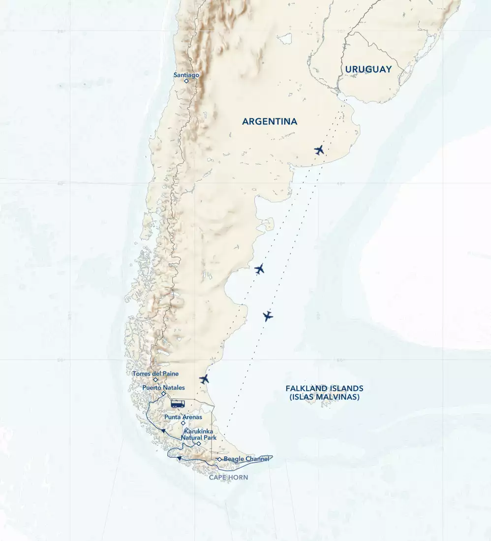 Route map of Best of Chilean Patagonia cruise (modified), operating from Buenos Aires, Argentina via a flight to embark in Ushuaia,, disembarking in Puerto Natales & a flight to end in Santiago, Chile.