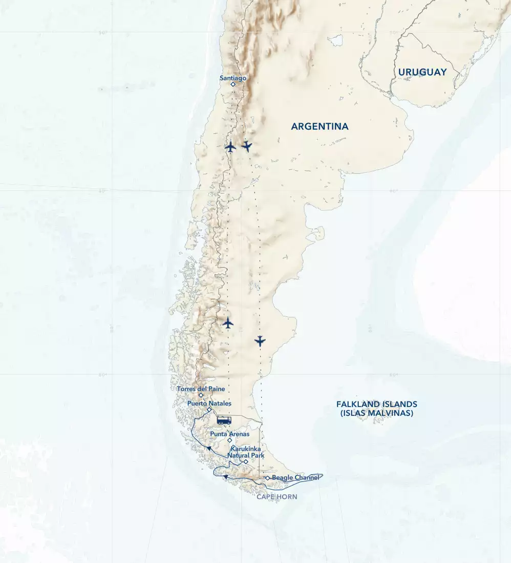 Route map of Best of Chilean Patagonia cruise, operating round-trip from Santiago Chile via a flight to embark in Ushuaia, Argentina, disembark in Puerto Natales & a flight back to Santiago.
