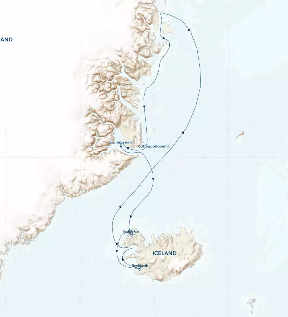 Route map of Iceland's Wild West Coast to East Greenland voyage, round-trip from Reykjavik with visits to Scoresbysund.
