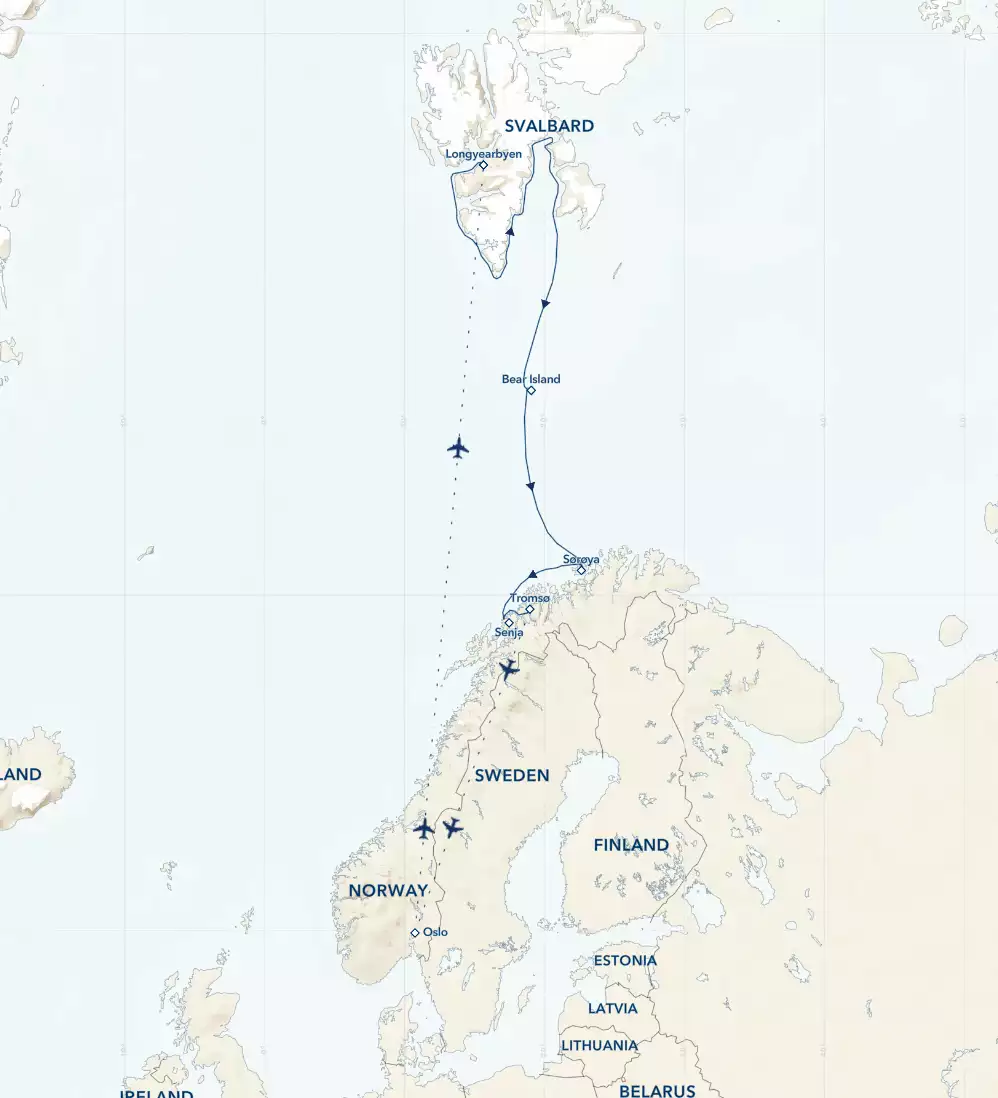 Route map of 13-day Norwegian Discovery: Svalbard & The Northern Fjords cruise, operating round-trip from Oslo, Norway.