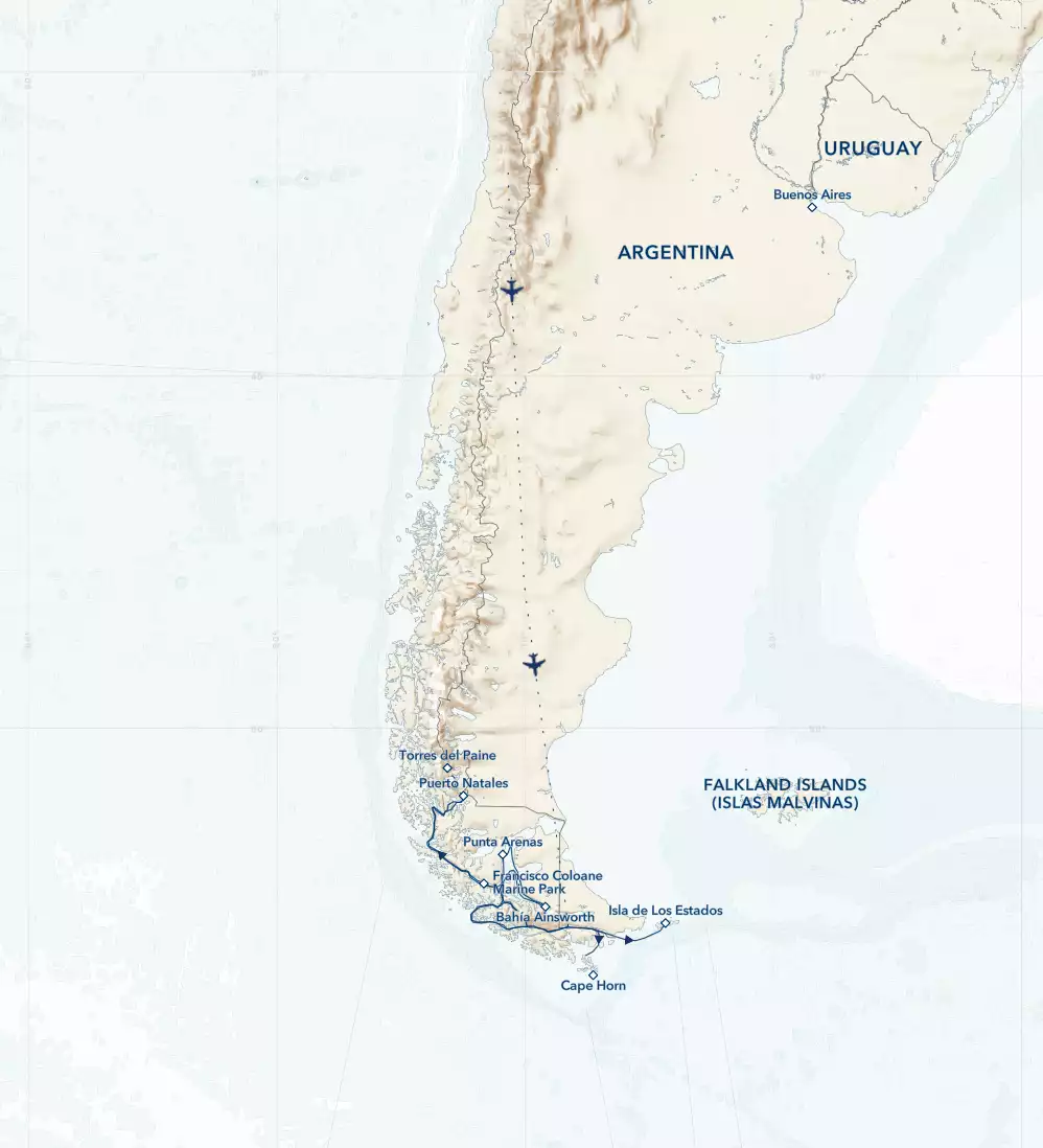 Route map of Southern Patagonia: Glaciers, Fjords & Wildlife cruise round-trip from Ushuaia, Argentina, with charter flights linking Buenos Aires.